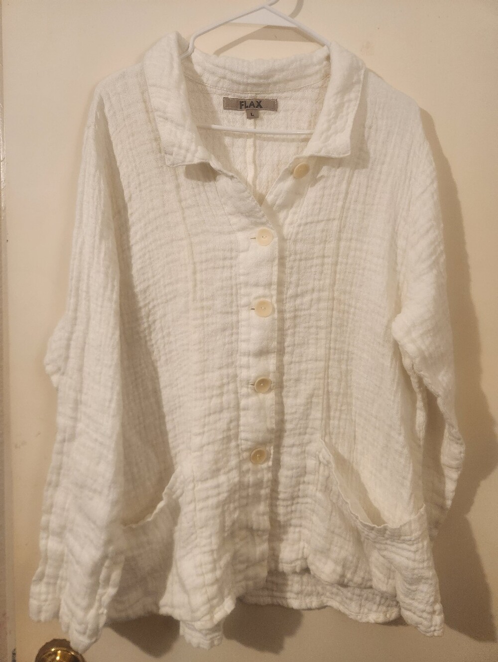 Flax Cream Button-Front Gauze Shirt Jacket Sz Large
